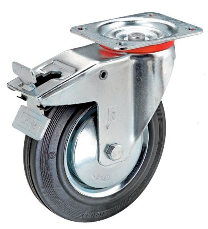 Massivt gummihjul på stålfelg, svingbart hjul med brems