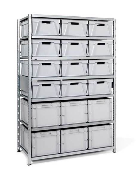 Lagerhylle Gerdmanshyllen med eurokasser, inkl. 18 stk kasser, D 600 m