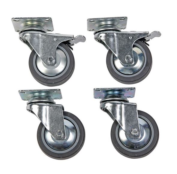 Hjulsett til verktøyskap med skrivepult, 4 svingbare hjul, hvorav 2 me