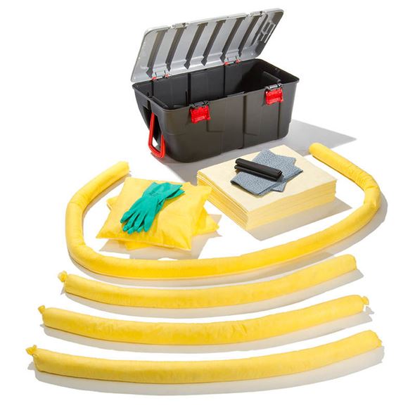 Lekkasjesett i plastboks, 75 liter, kjemikalie innendørs, gul